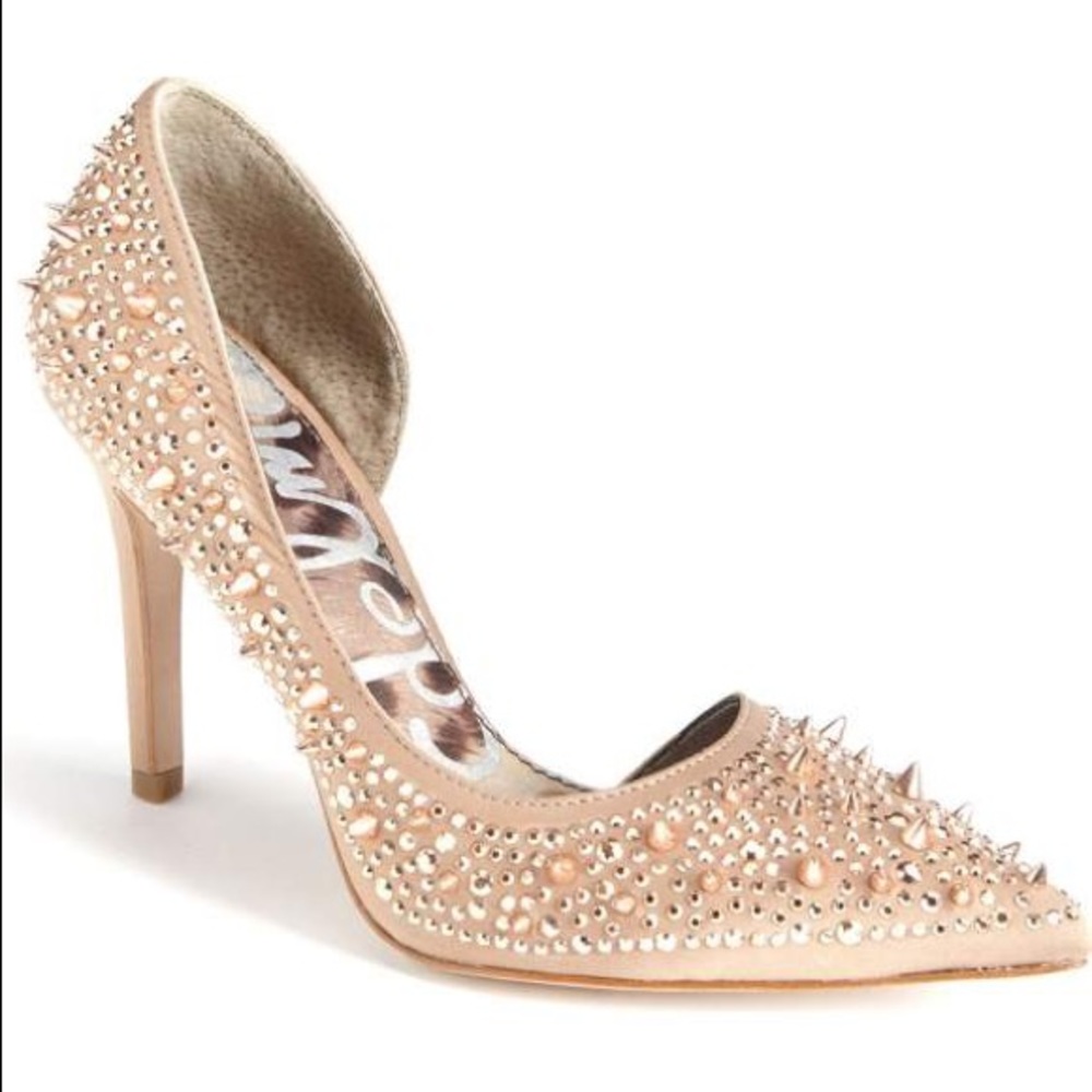 💎 Sam Edelman Pixie satin champagne nude spike and crystal pump 6 36