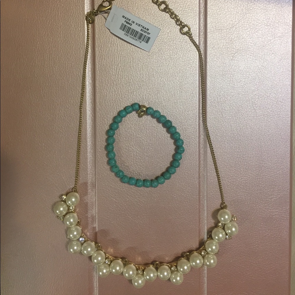 Jcrew pearl necklace & turquoise bracelet