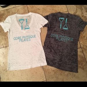 2 NEW Gym Pilates Workout T Shirts Gray White Tops