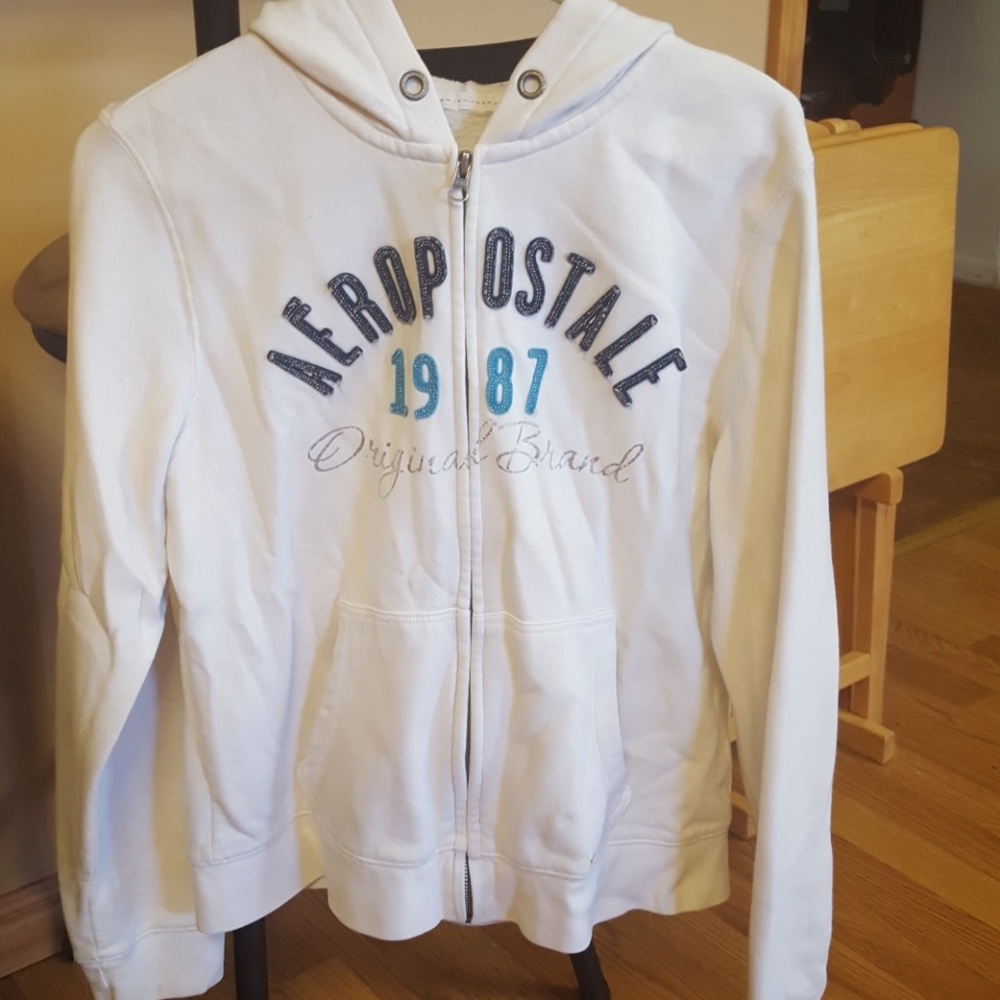 Aéropostale White Brand Name Zip Hoodie