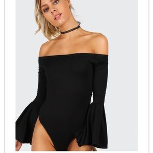 Black off the shoulder bell sleeve bodysuit