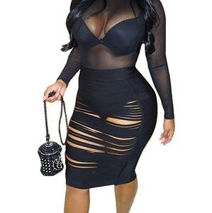 Women's See Through Sheer Mesh Jumpsuit Skirt 2 Pc