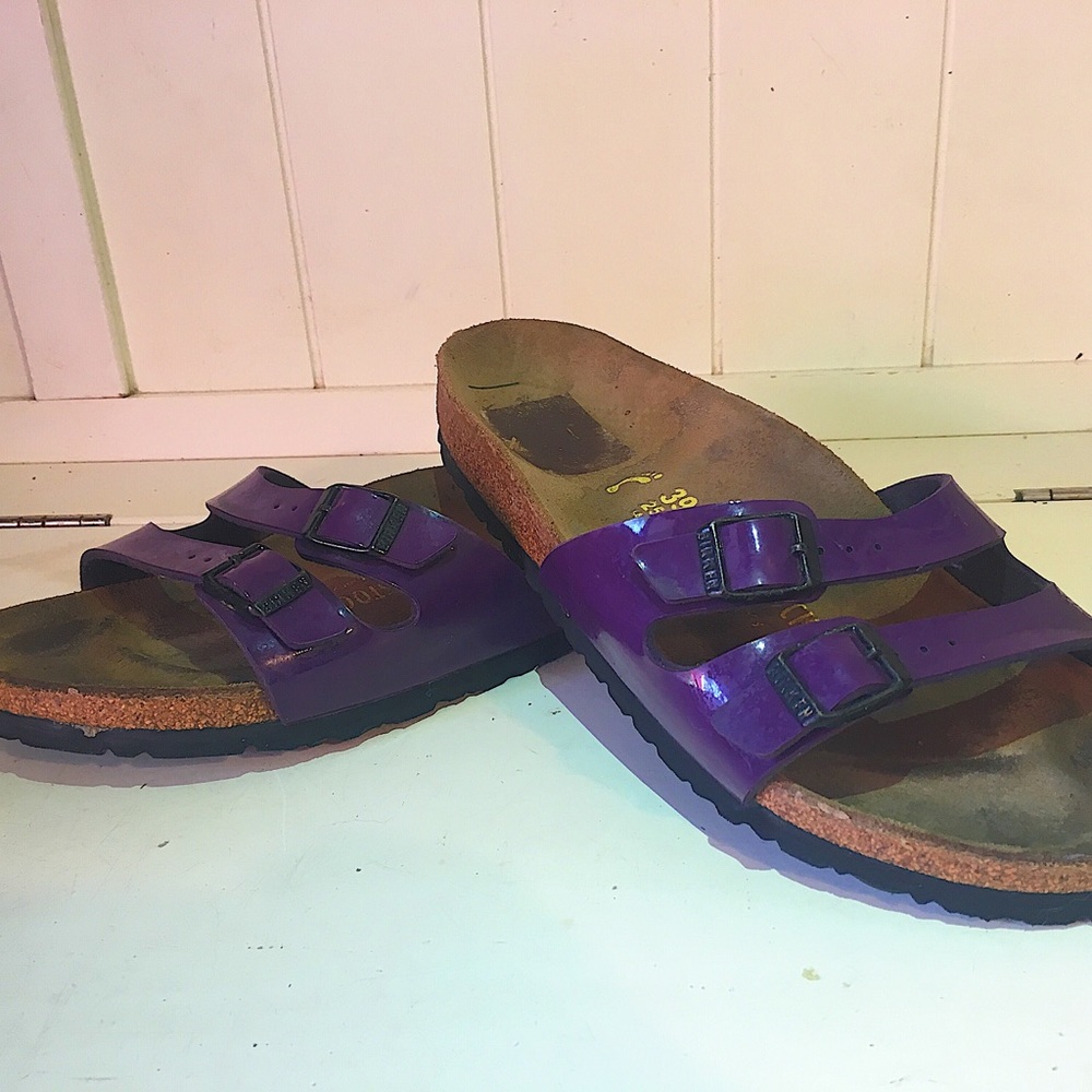 Birkenstocks, Two Strap glossy purple Birkenstocks