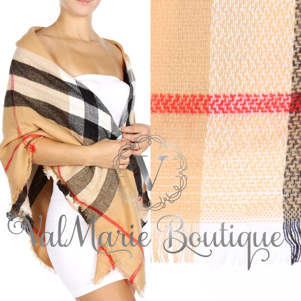 Oversized Plaid Camel Scarf - big stocking stuffer - Picture 2 of 3