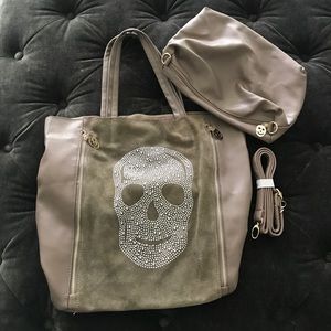 Tan leather skull tote w/cosmetic bag & long strap
