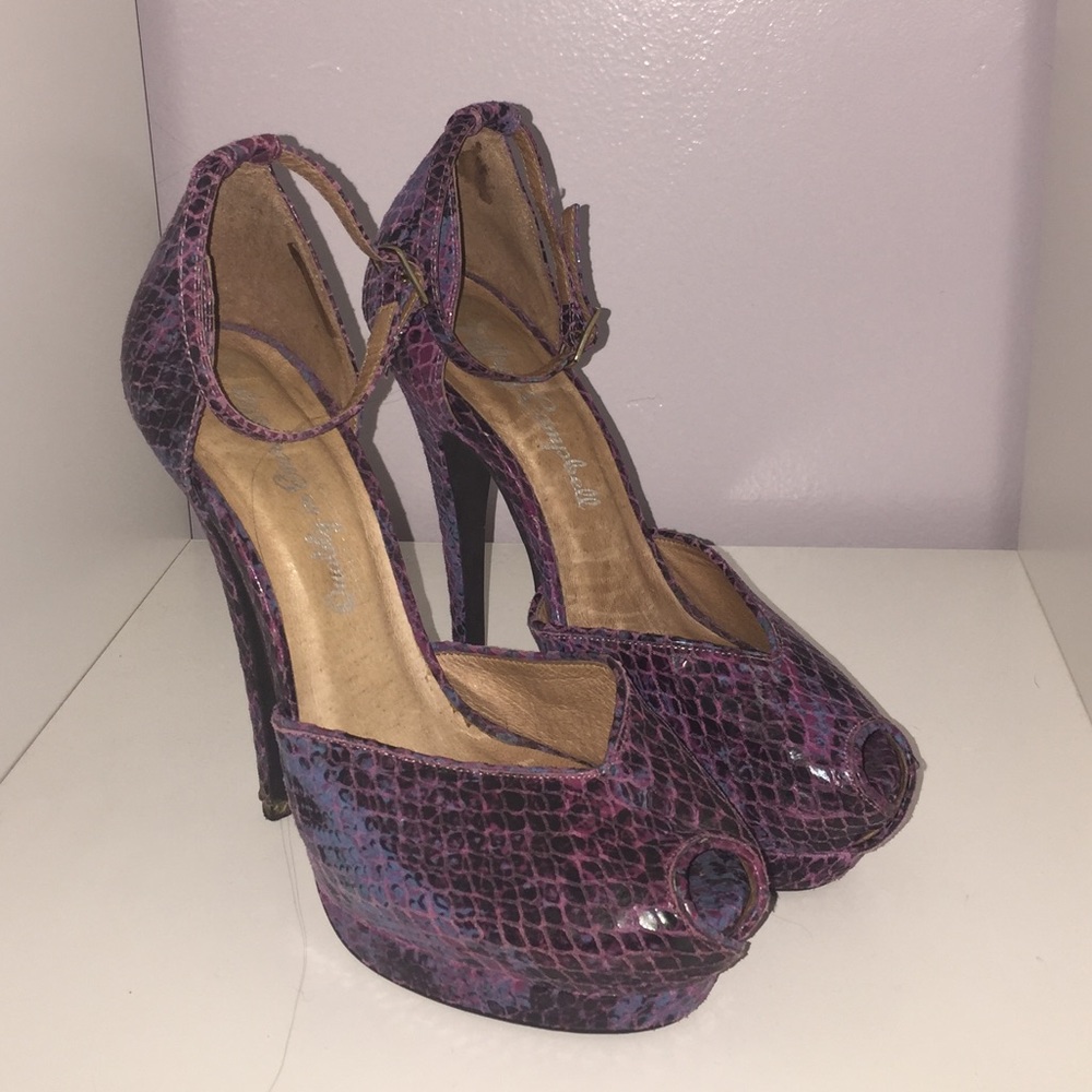 Jeffrey Campbell purple snake skin peep toe heels