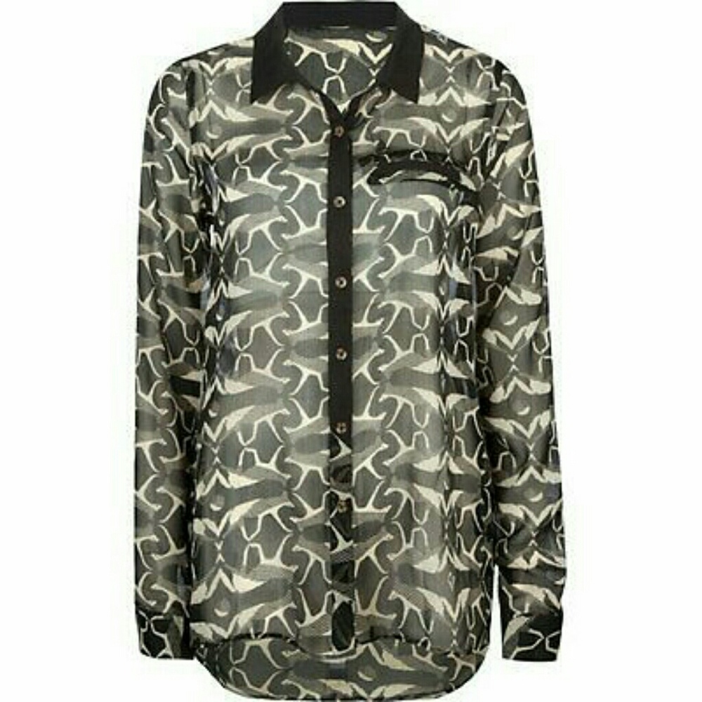 Volcom sheer long sleeve button down up top shirt abstract print xsmall black
