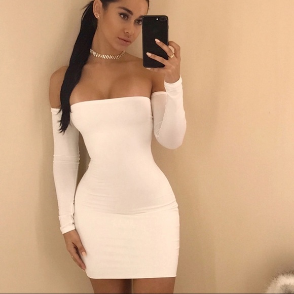Long sleeve off shoulder back lace up mini dress. - Picture 3 of 3