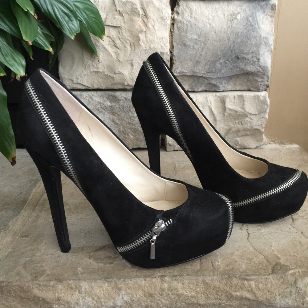 Colin Stuart black suede zipper pumps.