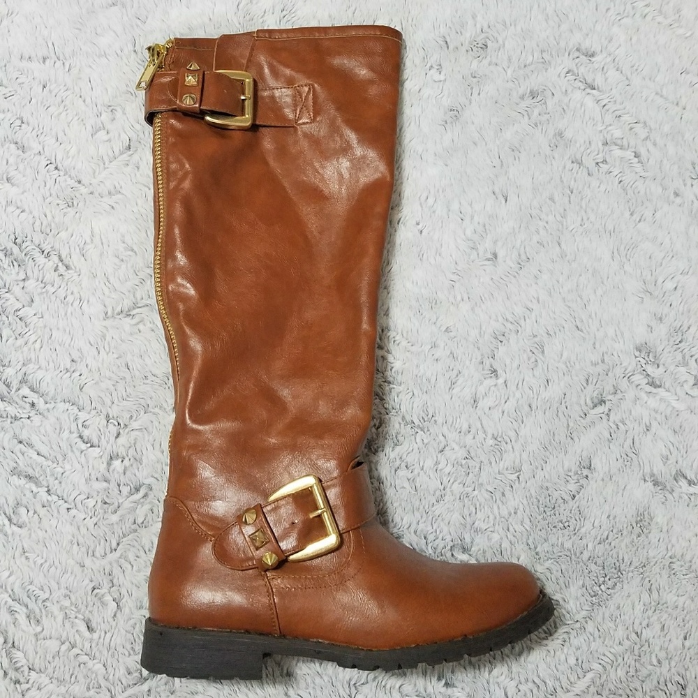 Camel Riding Boots With Gold Buckle Detailing