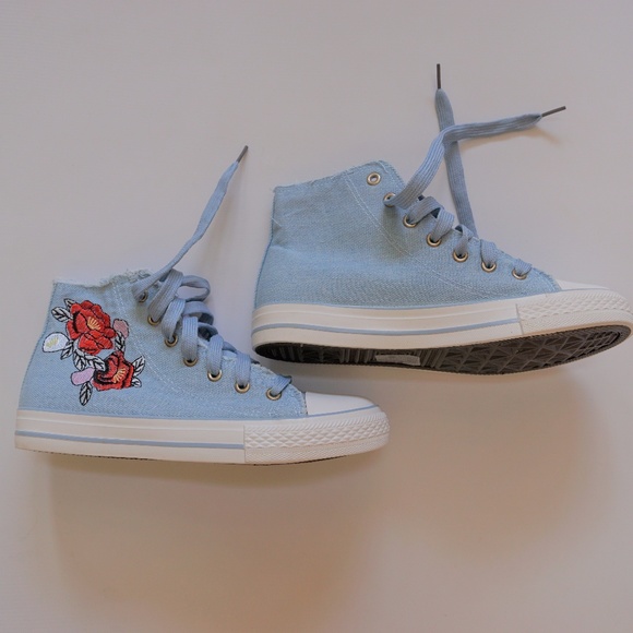 🔴 Floral patch high top sneakers light blue denim - Picture 5 of 8