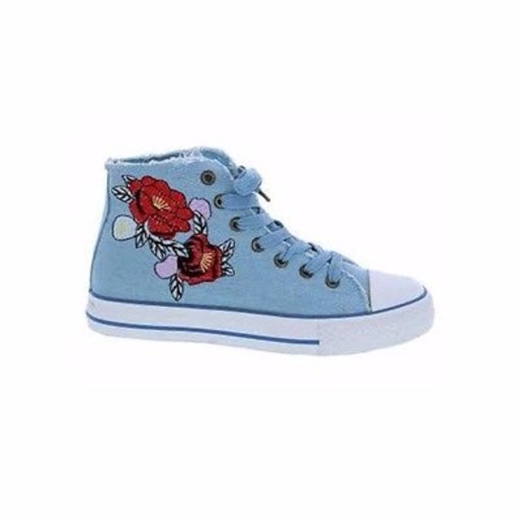 🔴 Floral patch high top sneakers light blue denim - Picture 4 of 8