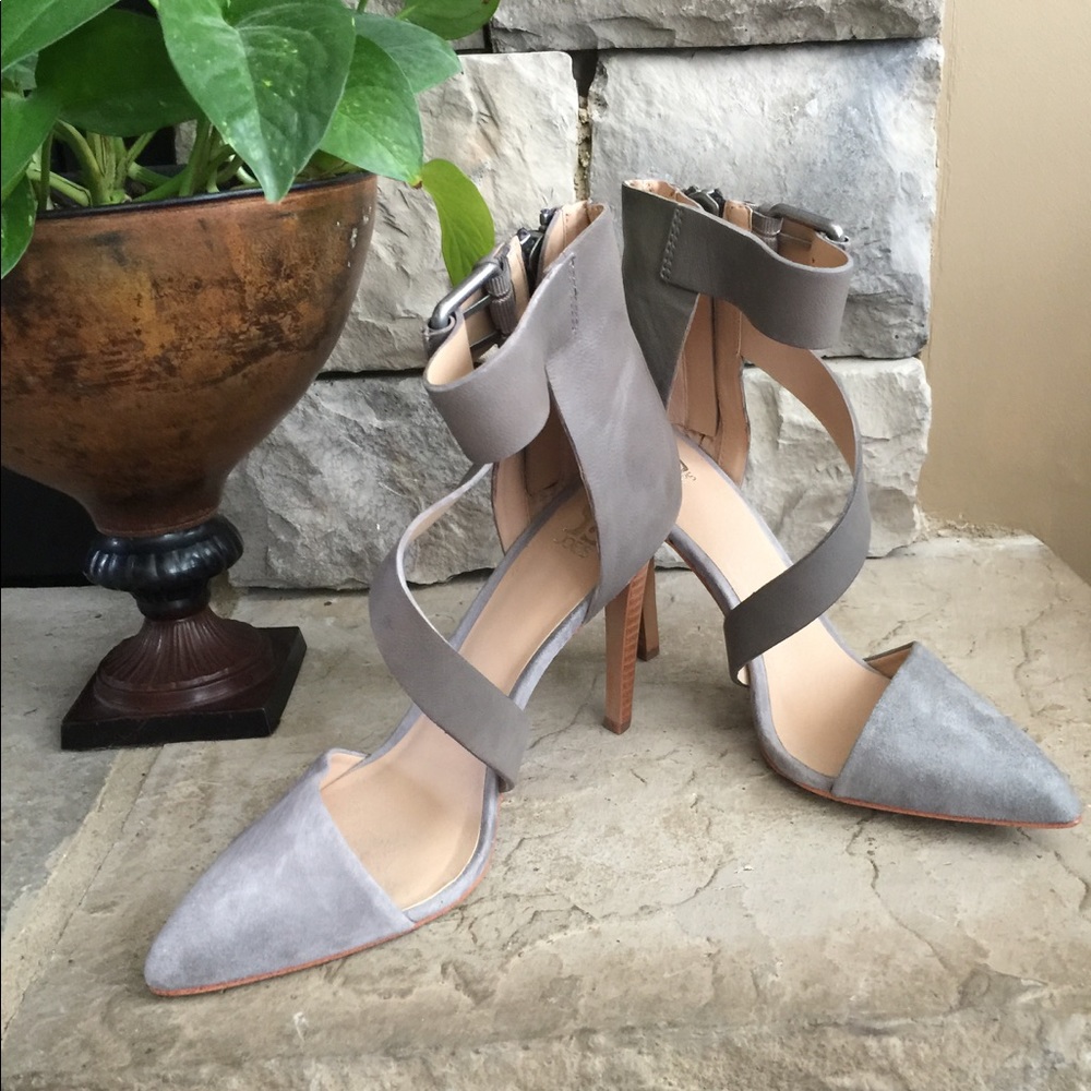 Gray leather and suede ankle strap heel.
