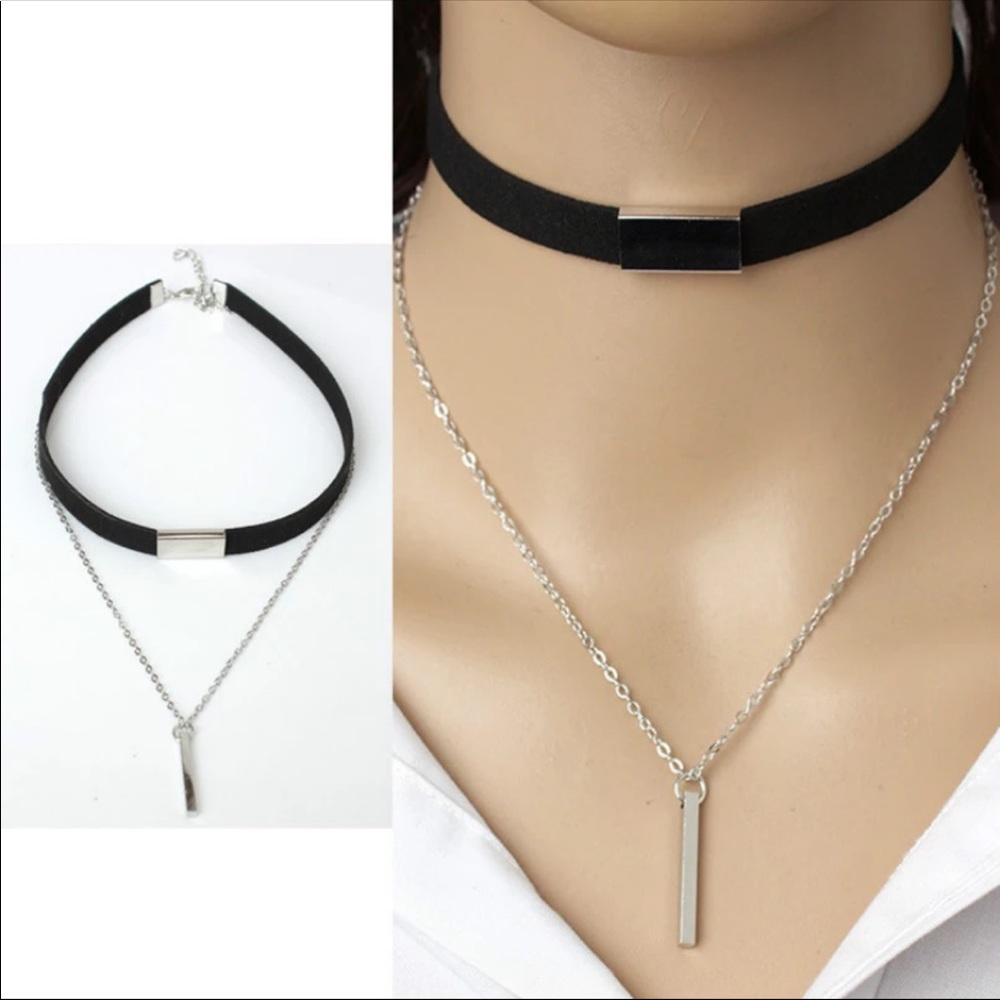 5/$25 Black choker multi layer silver bar necklace