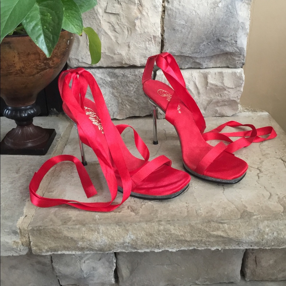Red satin ribbon dress sandal.