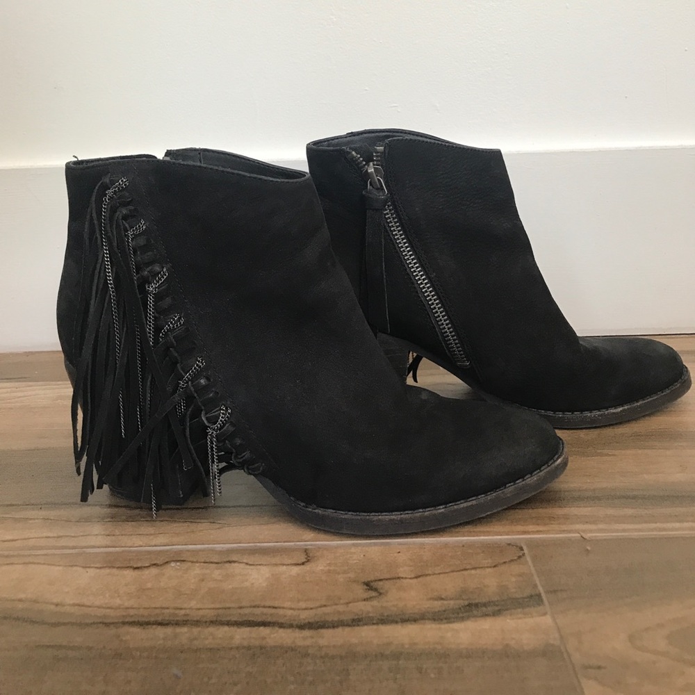 Black suede bootie with fringe