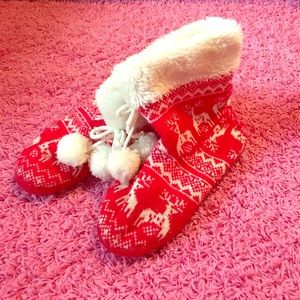 Winter reindeer white and red slippers