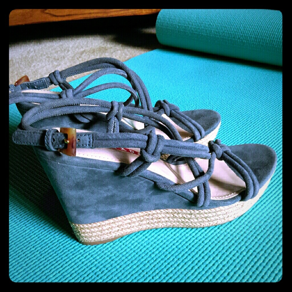 Prada Blue Tubular Strap Wedge Sandals 