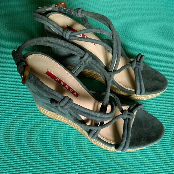 Prada Blue Tubular Strap Wedge Sandals - Picture 2 of 5