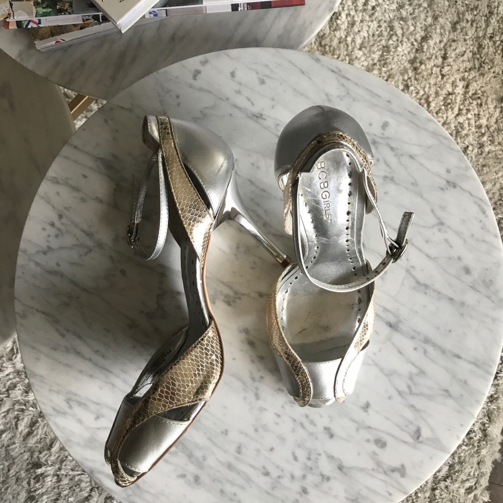 BCBGirls gold &a silver strappy heels
