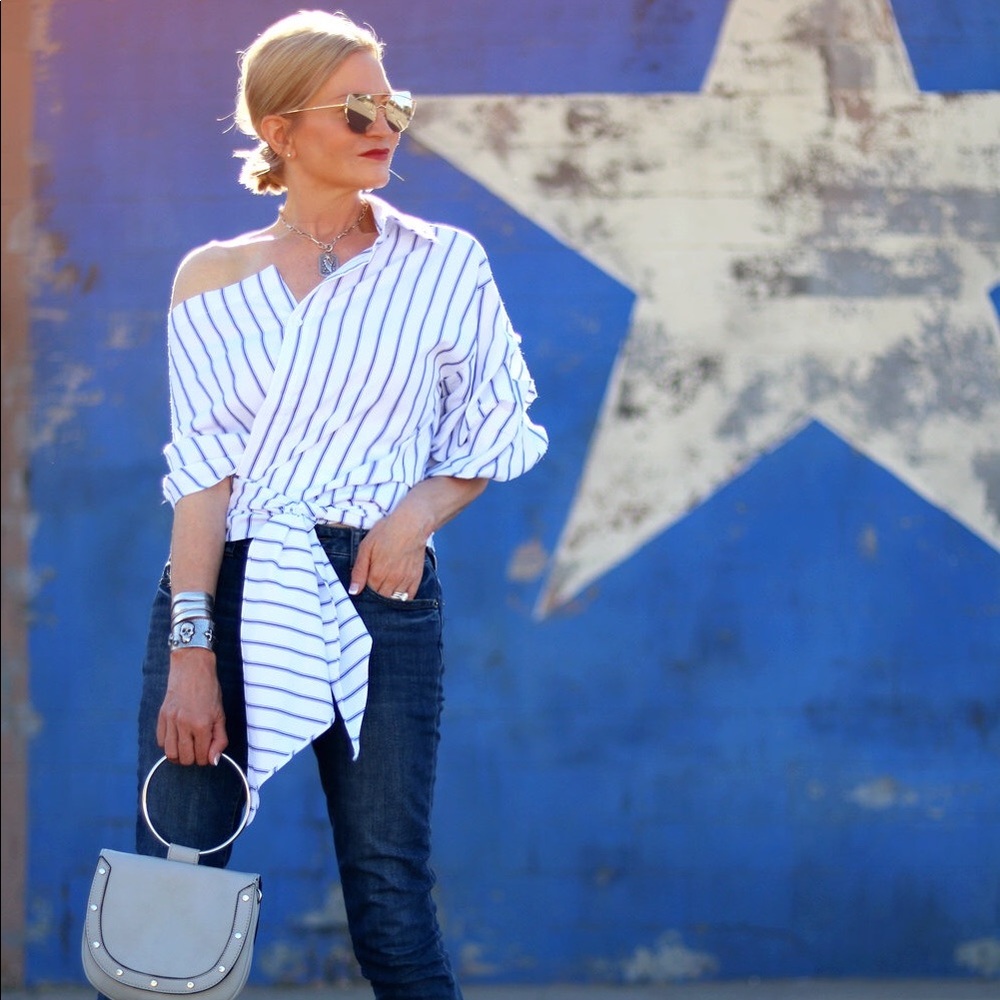 Striped One Shoulder Wrap Blouse