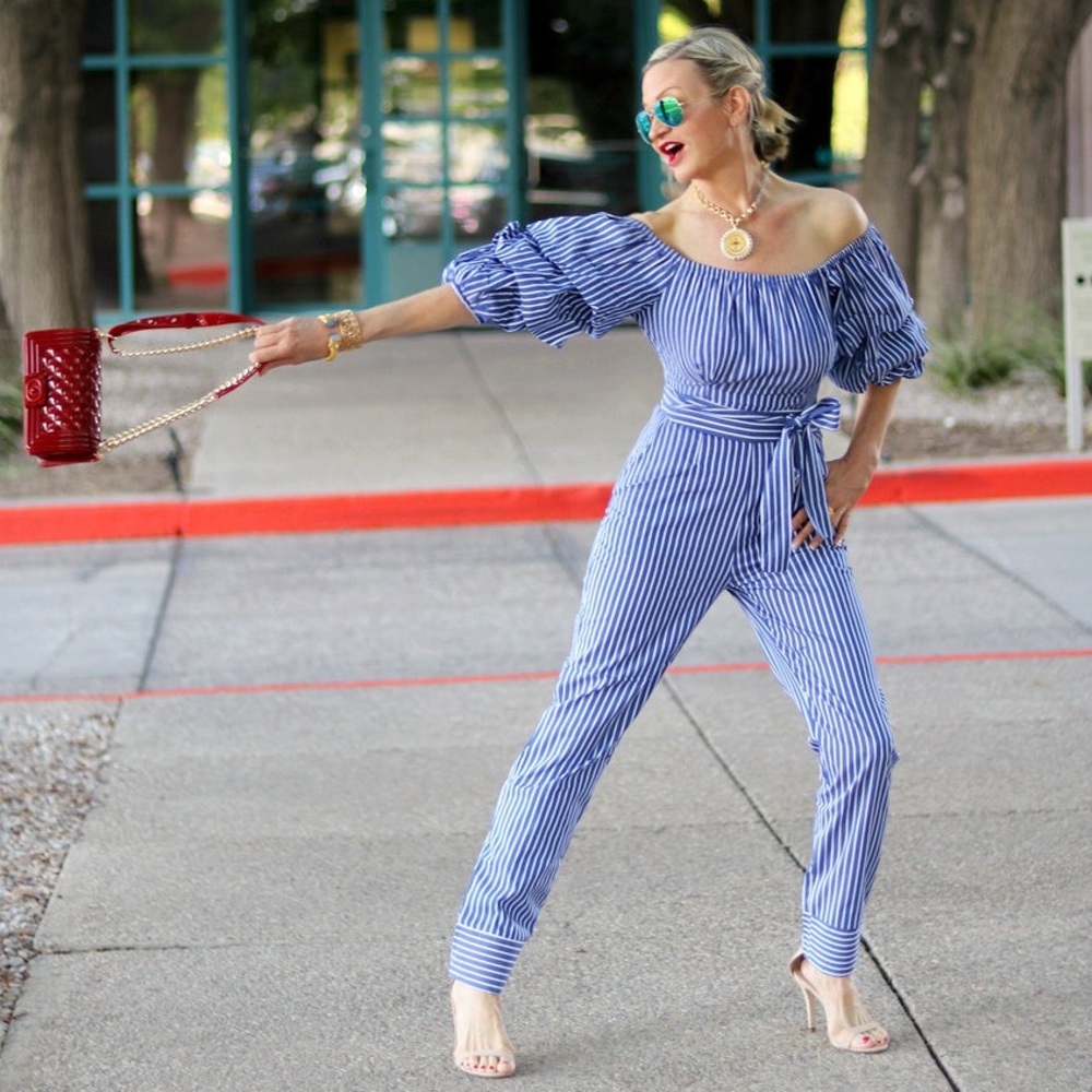 Blue and White Striped OTS Jumpsuit