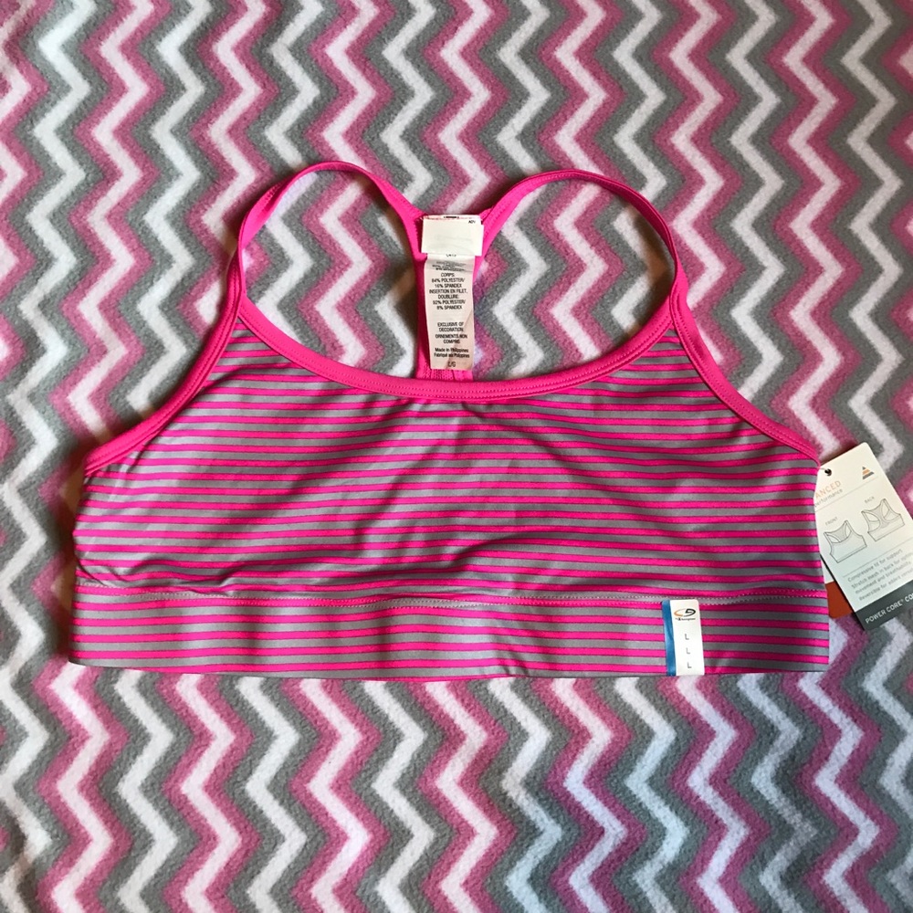NWT Champion Pink Gray Stripe Sports Bra Size L