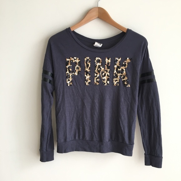 PINK Victoria's Secret Tops - VS PINK Leopard Sequin Long Sleeve Varsity Tee