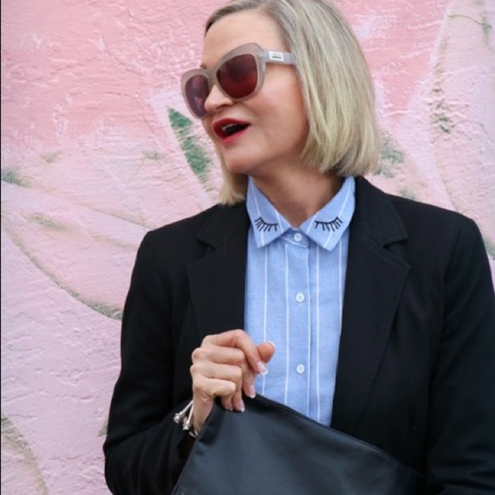 Blue and White Striped Blouse with Lash Collar