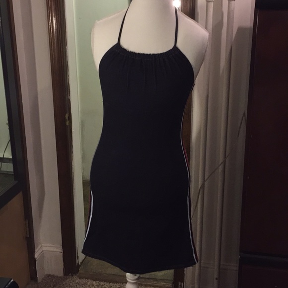 ❤️VINTAGE ❤️ Jean halter dress w/ red &white stripe down sides - Picture 2 of 6