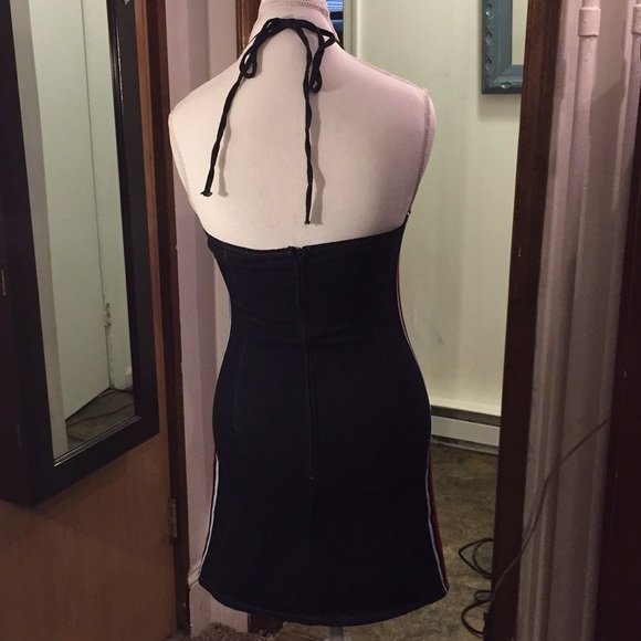 ❤️VINTAGE ❤️ Jean halter dress w/ red &white stripe down sides - Picture 3 of 6