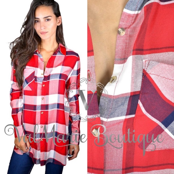 ValMarie Tops - Red Plaid Button Up Shirt