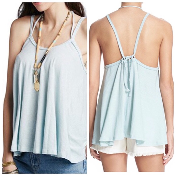 Free People Tops - FREE PEOPLE Light Blue NWT Tie Back Flowy Oversized Strappy Tank XS Boho Casual