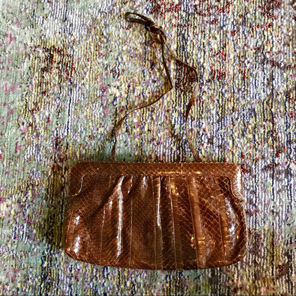 1960s Vintage Brown Reptile Skin Clutch With Strap