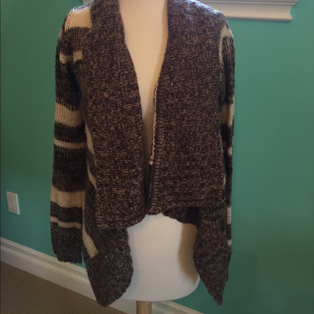 Cute shawl collar open stripe sweater acrylic