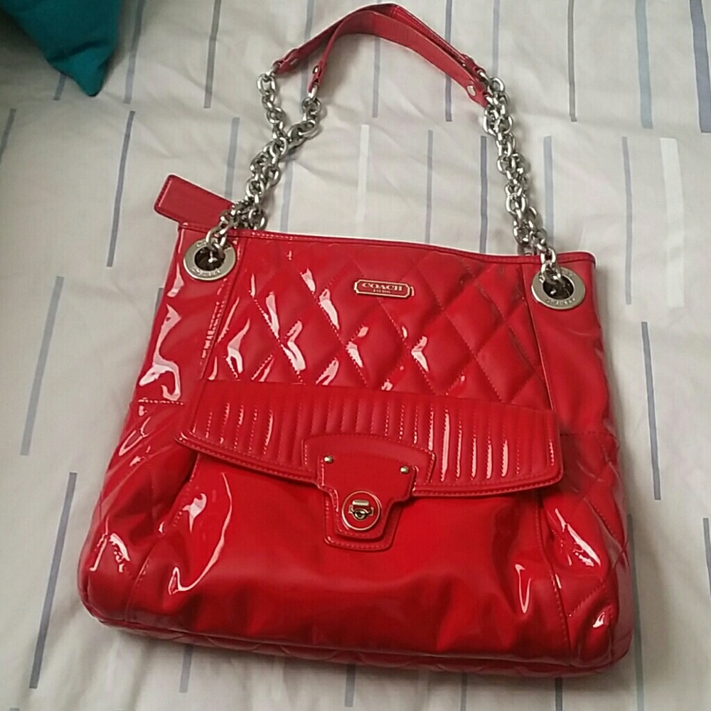 Coach red patent leather tote satchel