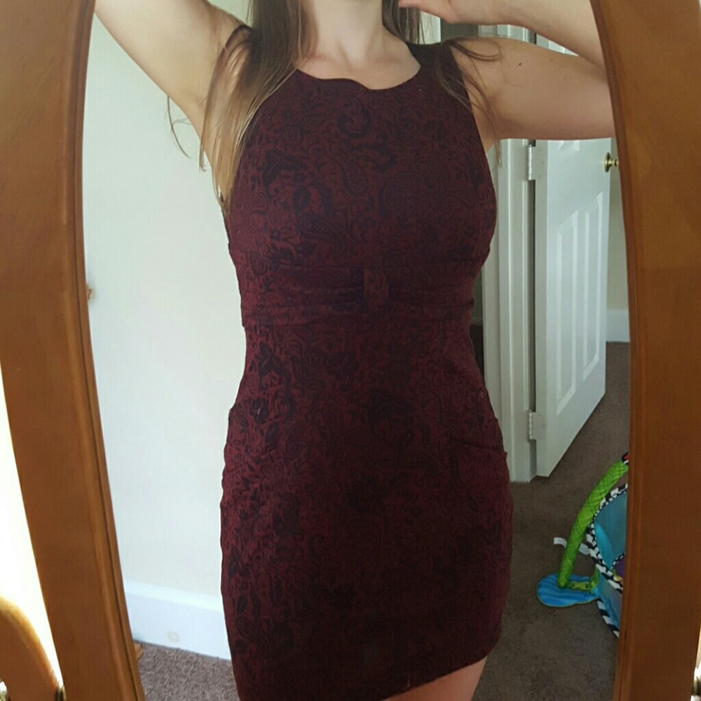 Red and black brocade dress
