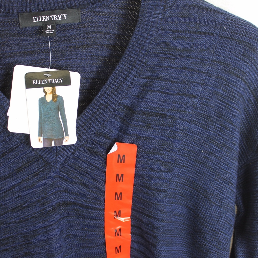 ELLEN TRACY BLUE BLACK V-NECK SWEATER MEDIUM NWT
