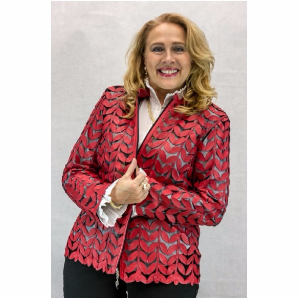 Red Lamb Leather on Mesh-Leaf Design Zip Jacket