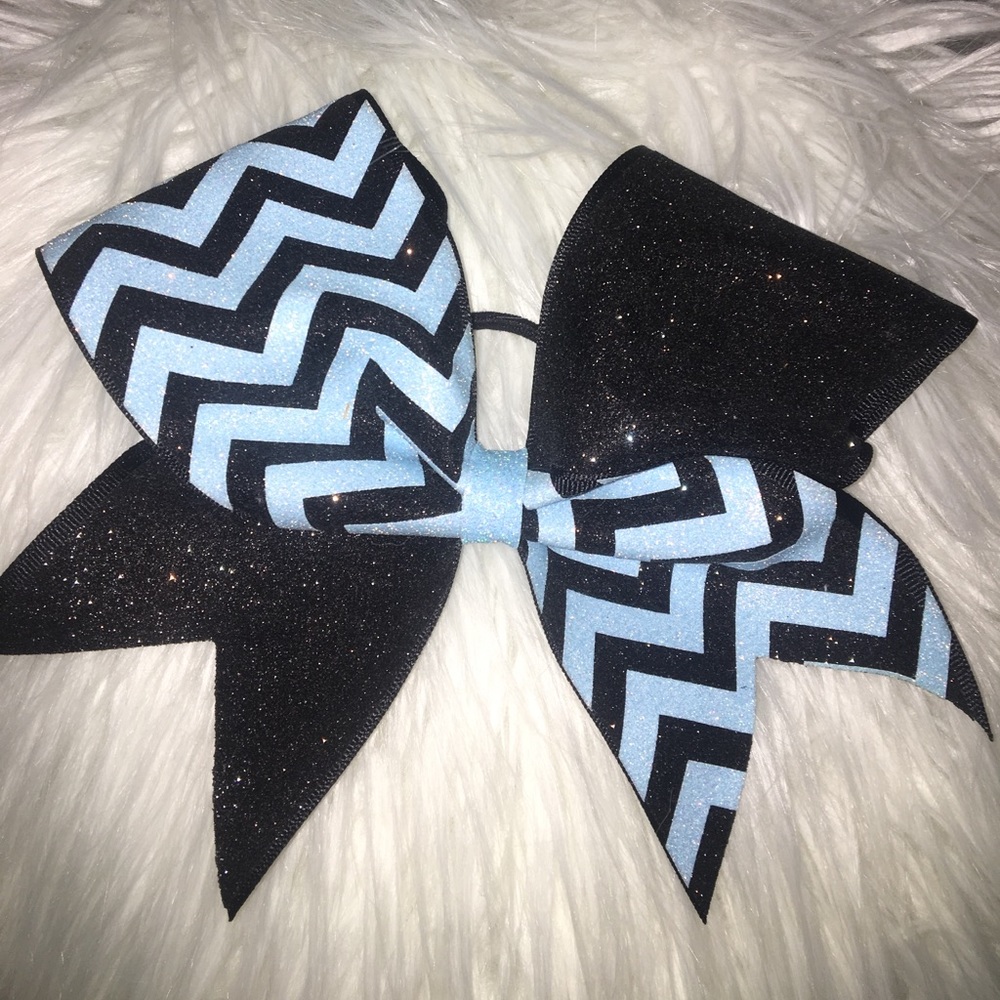 Blue and black half chevron cheer bow