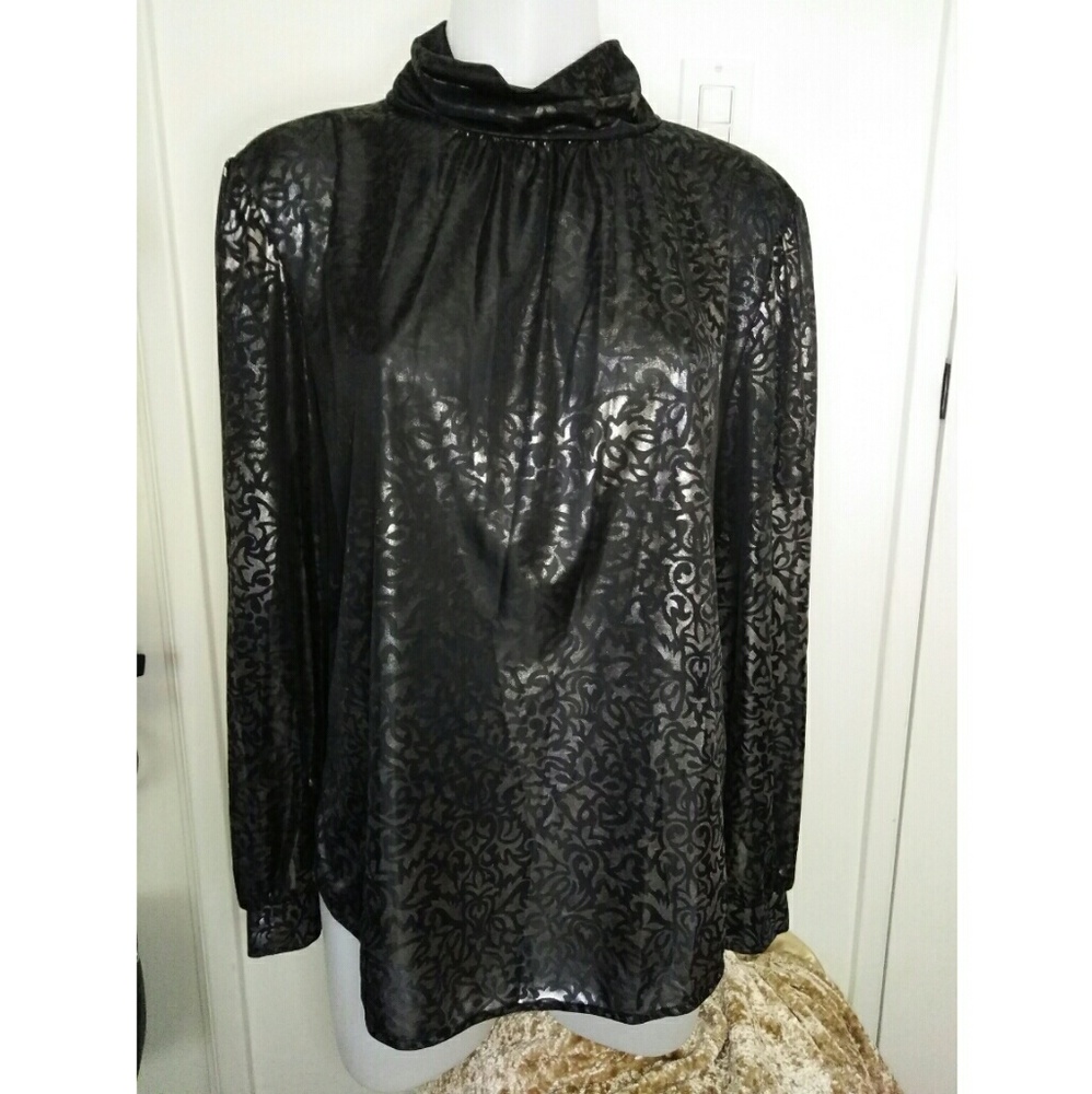 Black Silver Sheer Blouse Keyhole Button Bk Silky