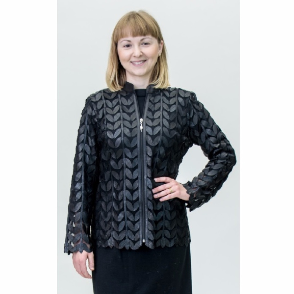 Black Lamb Leather on Mesh-Leaf Design Zip Jacket