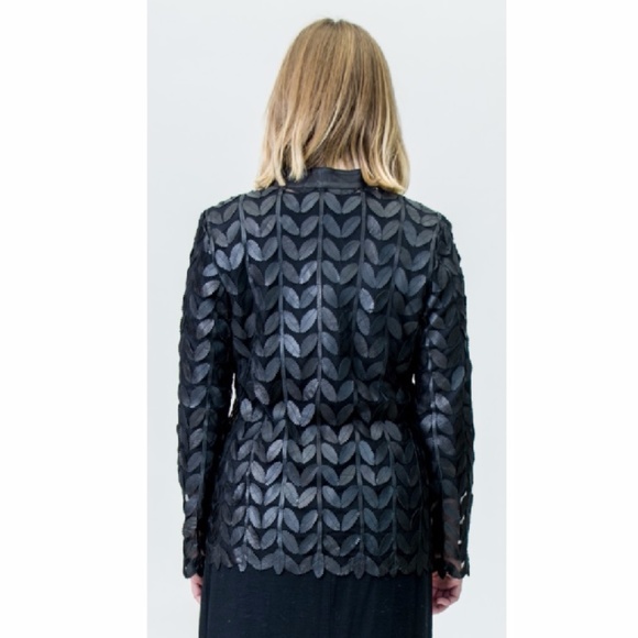 Black Lamb Leather on Mesh-Leaf Design Zip Jacket - Picture 2 of 2