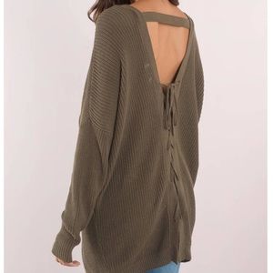Oversized Olive Green Lace Up Back Knit Sweater