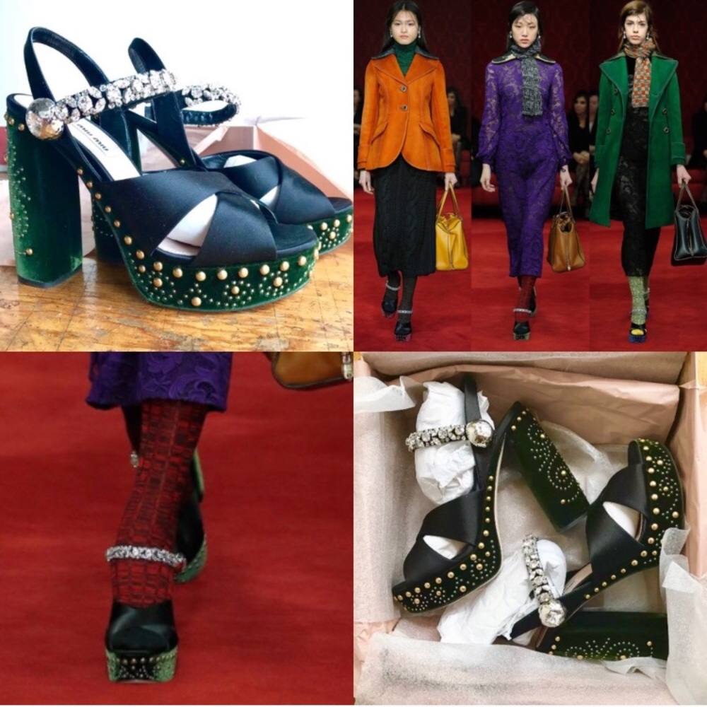 🆕 Miu Miu- Emerald Velvet Jeweled Platform Sandal