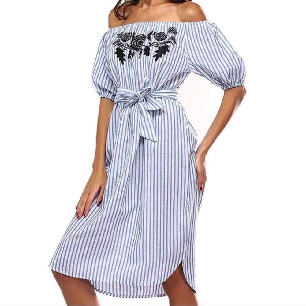 Striped Off The Shoulder Rose Sundress - Picture 2 of 4