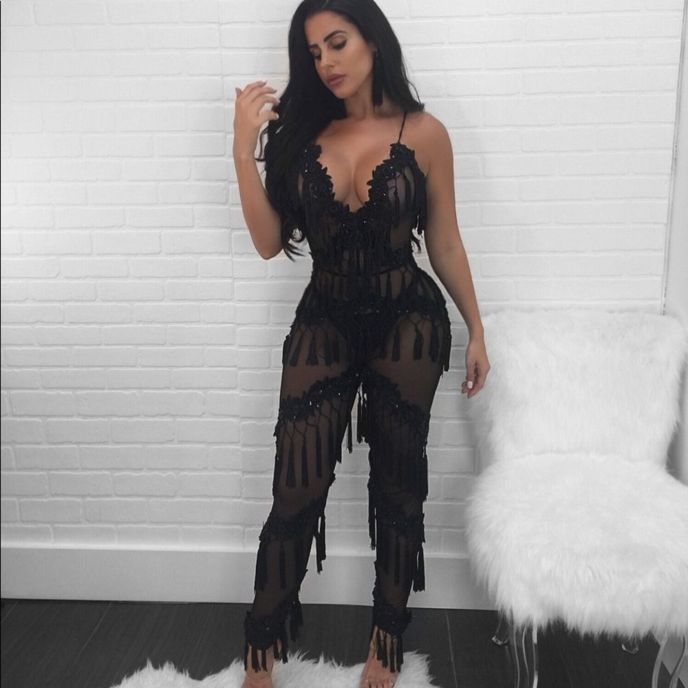 Sexy Black Mesh Fringe Jumpsuit
