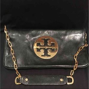 Tory Burch black leather clutch w gold chain