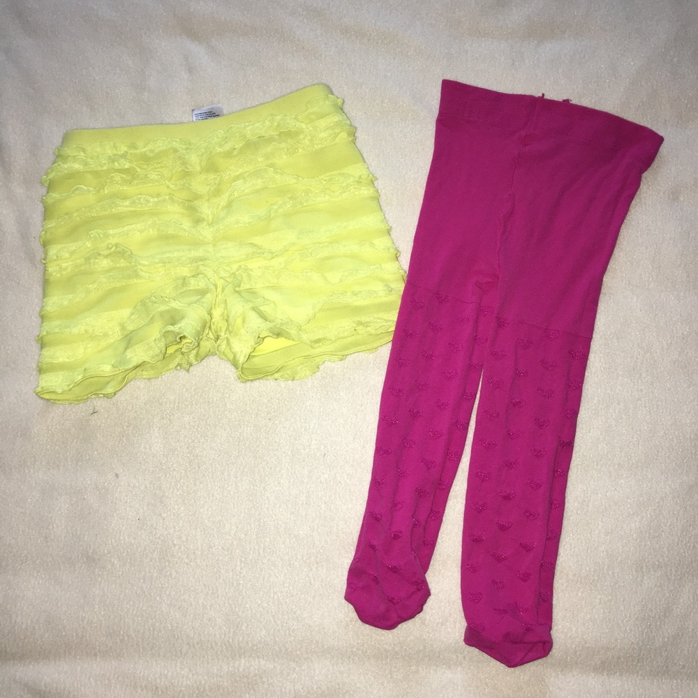 Ruffly yellow shorts & hot pink Garanimals tights