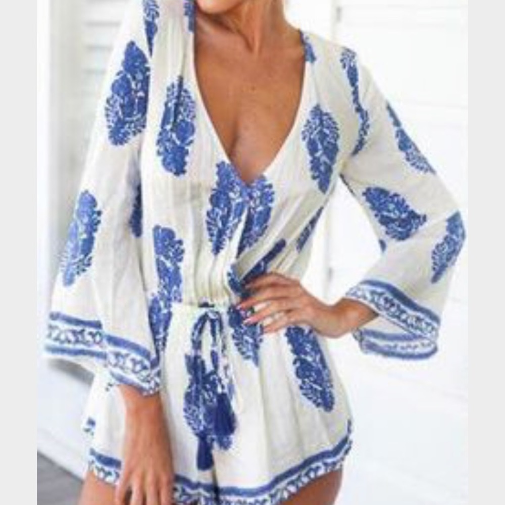 White and blue printed romper